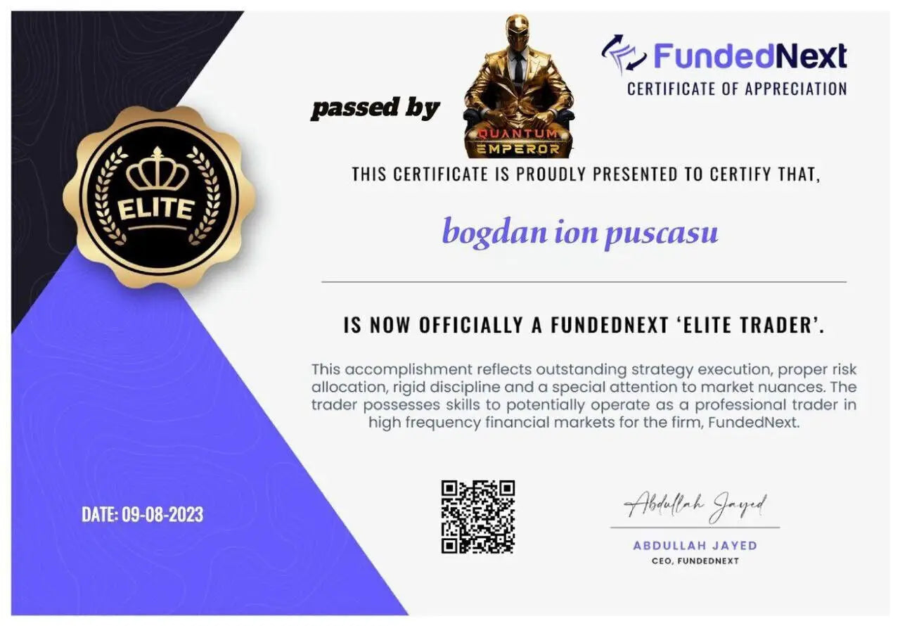 Gold-colored metallic emblem with crown and laurel wreath featuring bold elite lettering on quantum emperor mt5 product