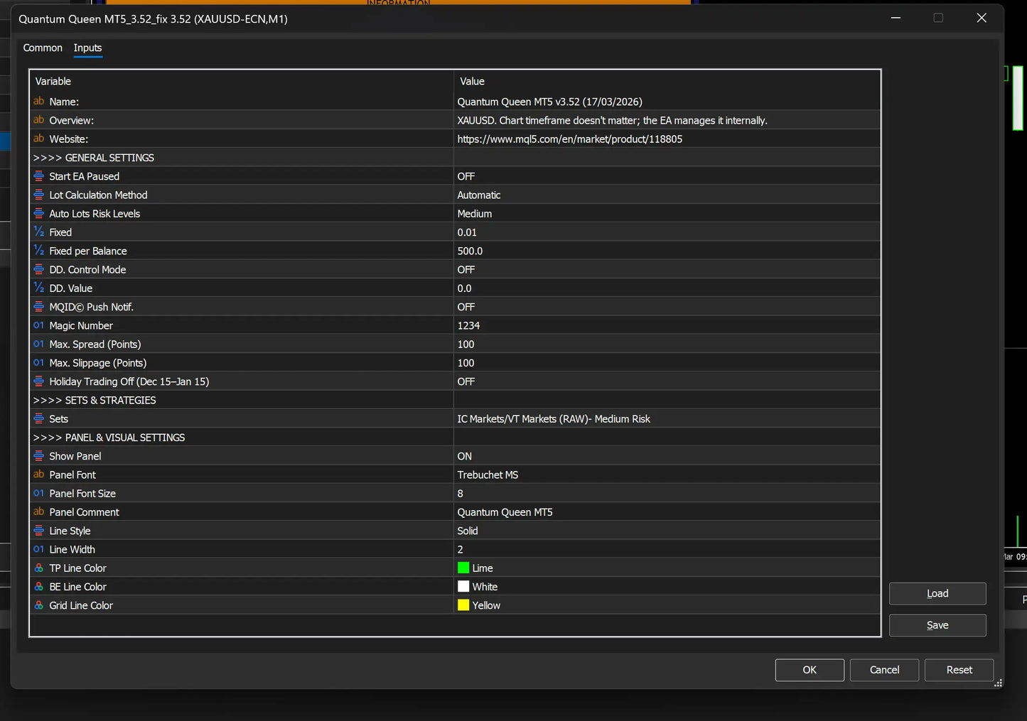 Dark-themed software interface for quantum queen mt5 version 3.52 showing trading parameters and panel settings in white text on black background
