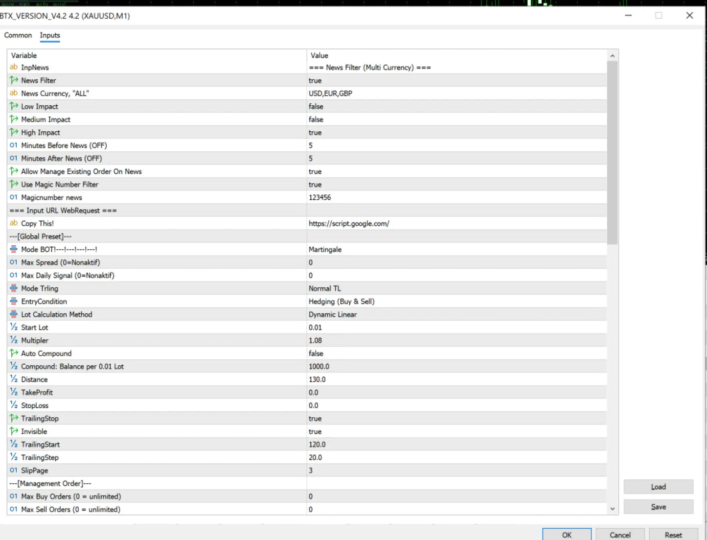 A software interface window displaying trading parameters and settings for v4.2 btx scalper pro mt5 financial tool