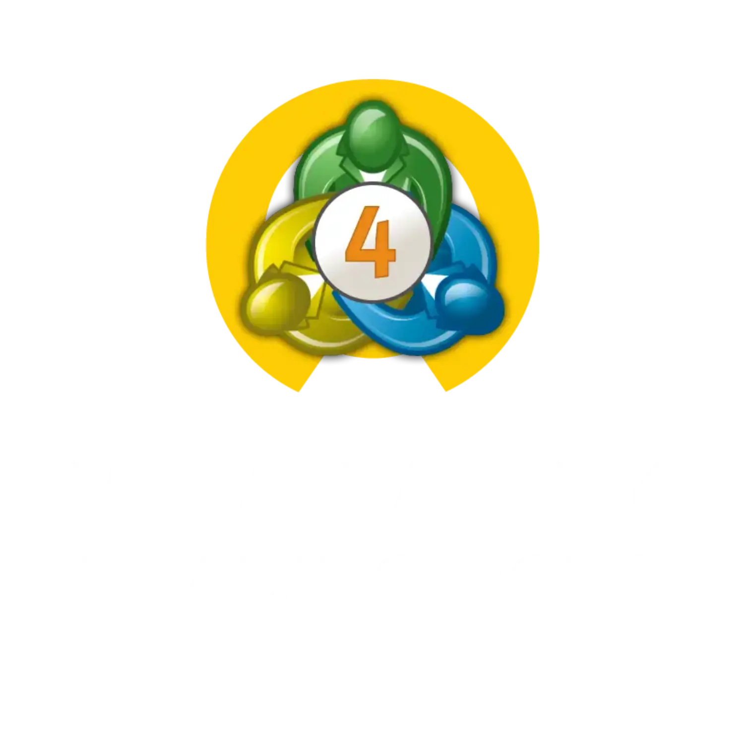Vibrant glossy cartoon style logo with three interlocking green yellow and blue figures around an orange 4 in MT4 EA collection