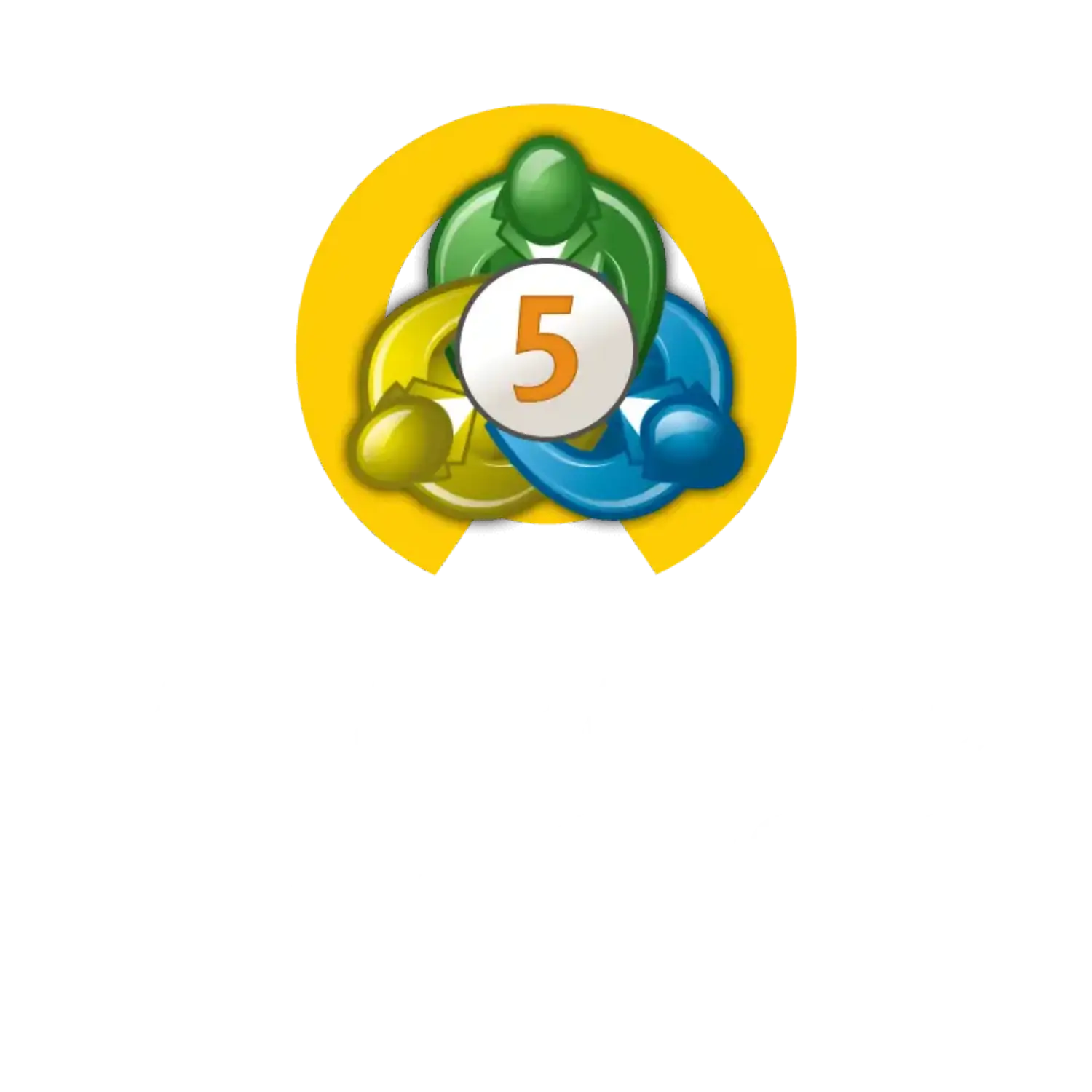 Vibrant glossy cartoon logo with three stylized green blue and gold figures encircling a white circle with number 5 for mt5 ea