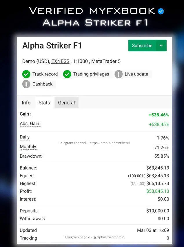 Alpha Striker F1 MT5 trading dashboard interface showing financial metrics on a digital screen for F1 trading analysis