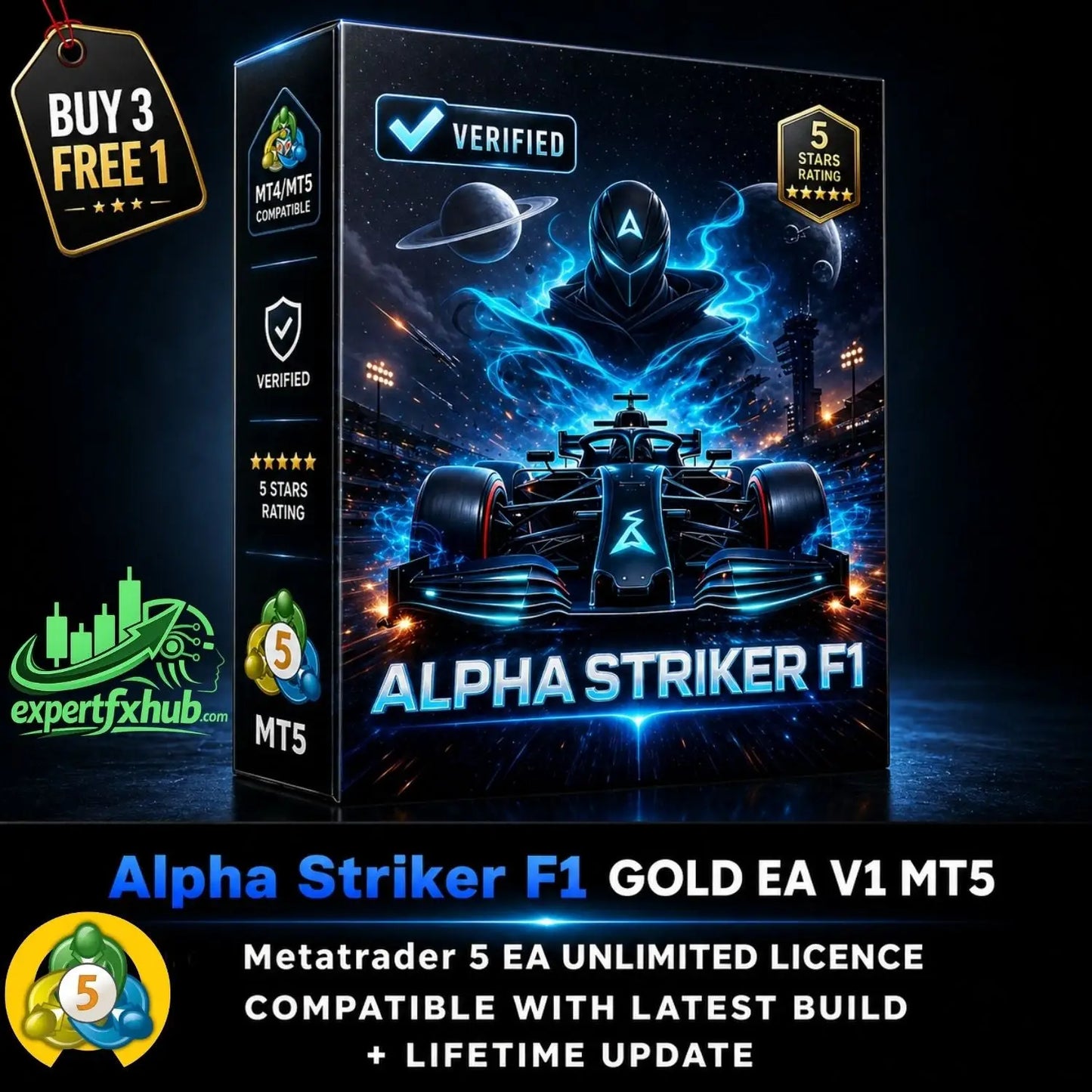 Alpha striker f1 mt5 trading software box with futuristic gold racing car and blue energy effects on dark space background