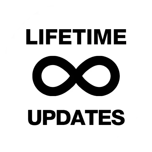Black ’lifetime updates’ logo with an infinity symbol on a white circular background.
