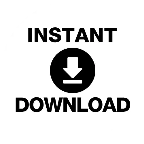 Black and white circular button with bold text reading ’instant download’ above and below a central download arrow icon.