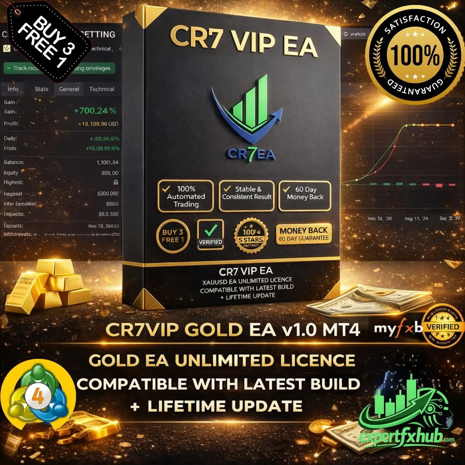 Black box packaging for cr7 vip gold mt4 ea trading system with gold and green accents and upward arrow logo