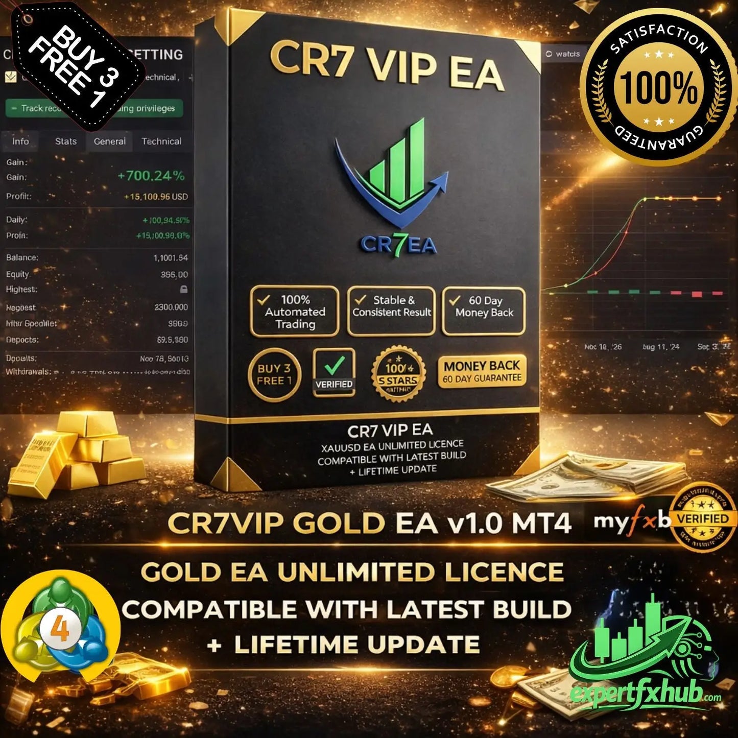 Black box packaging for cr7 vip gold mt4 ea trading system with gold and green accents and upward arrow logo