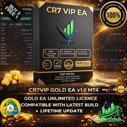 Black box packaging for cr7 vip gold mt4 ea trading system with gold and green accents and upward arrow logo