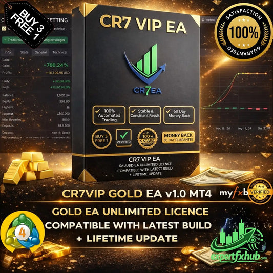 Black box packaging for cr7 vip gold mt4 ea trading system with gold and green accents and upward arrow logo