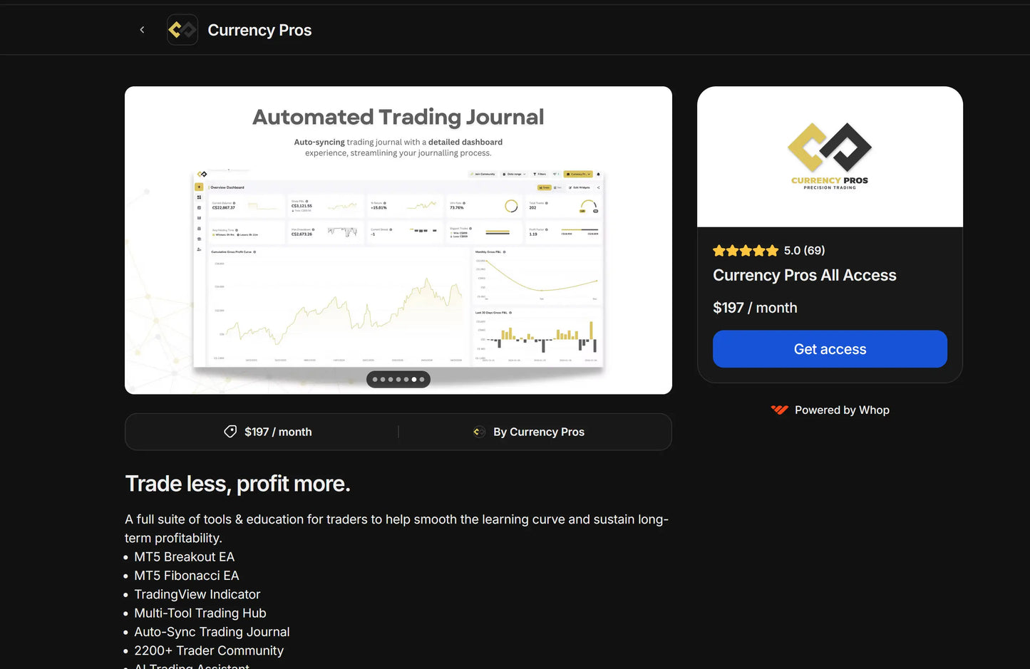 Automated trading journal dashboard in currency pros mt5 featuring sleek minimalist design with live charts and data visualizations