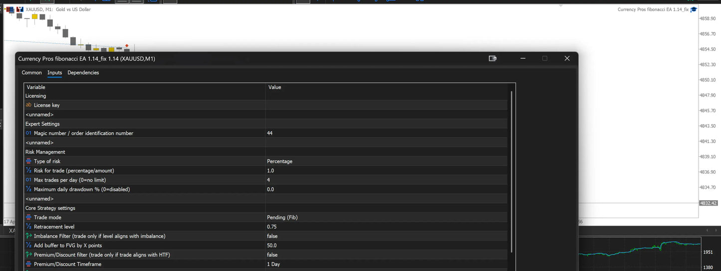 Black digital trading interface of currency pros mt5 showing currency pair data and risk management settings
