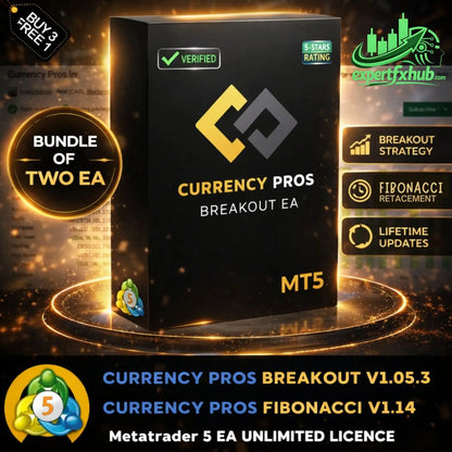 Black rectangular box for currency pros breakout ea with gold and gray logo and mt5 printed in gold for Currency Pros MT5