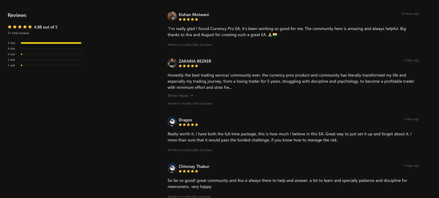 Black screen showing user reviews for the financial trading platform currency pros mt5 interface