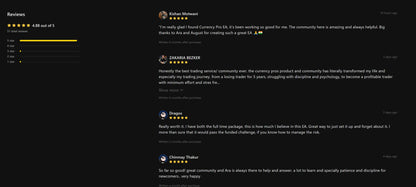 Black screen showing user reviews for the financial trading platform currency pros mt5 interface