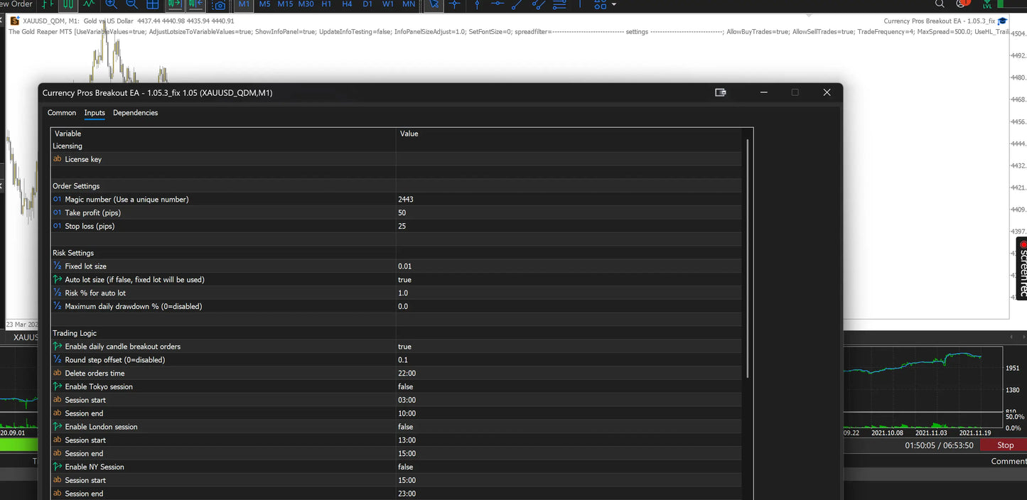 Black trading software interface showing currency price breakout settings for xau usd pair in currency pros mt5