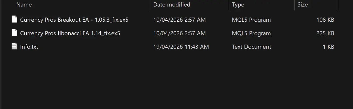 File explorer window showing two currency pros mt5 mq5 program executables for forex trading use