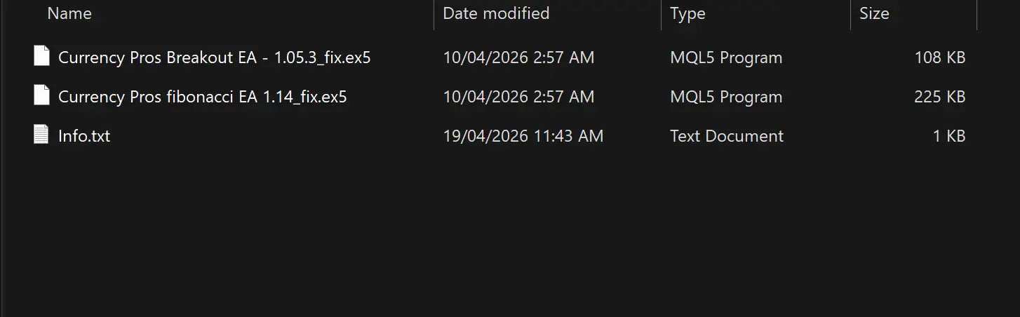 File explorer window showing two currency pros mt5 mq5 program executables for forex trading use
