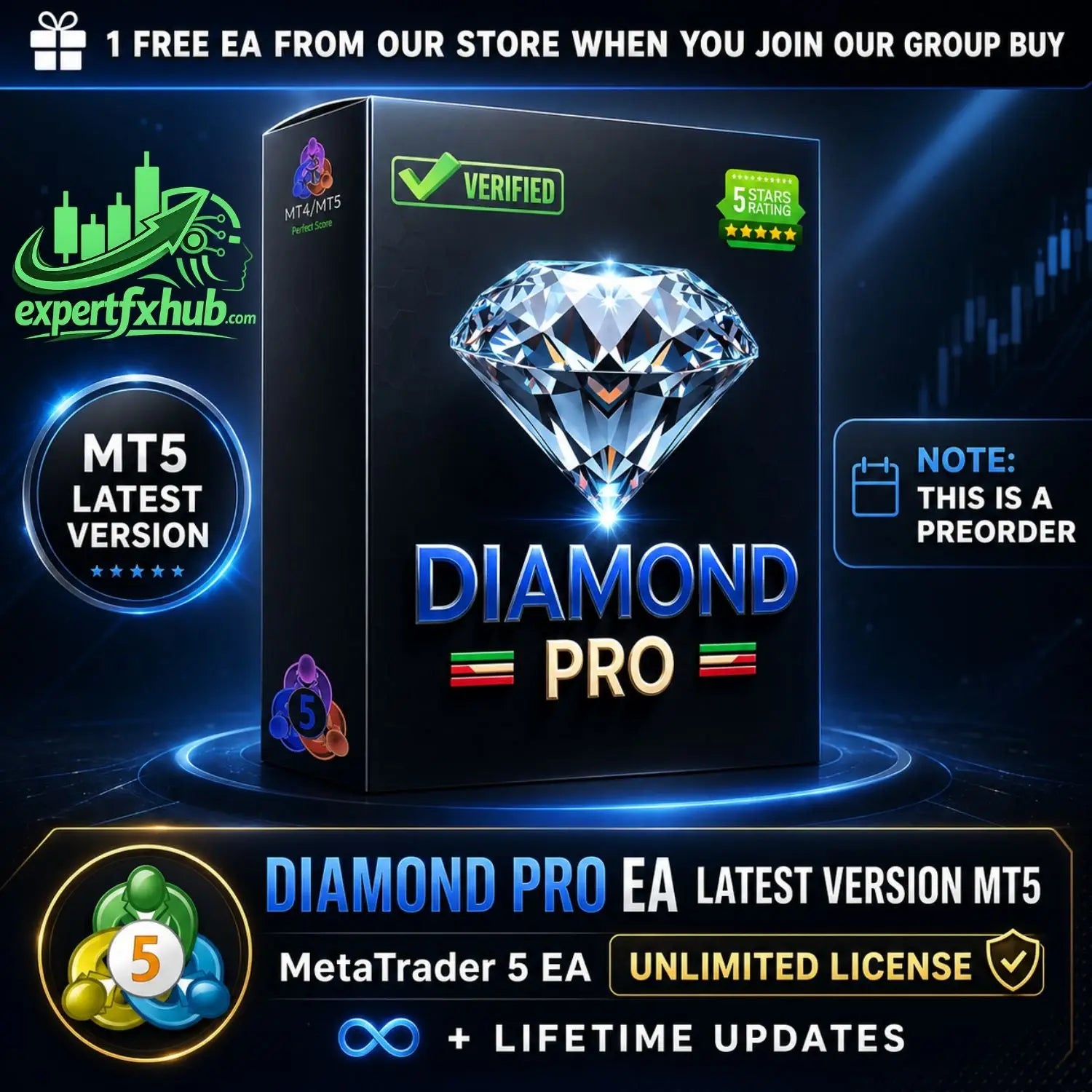 Black box packaging for diamond pro mt5 featuring a 3d rendered diamond graphic and blue metallic text