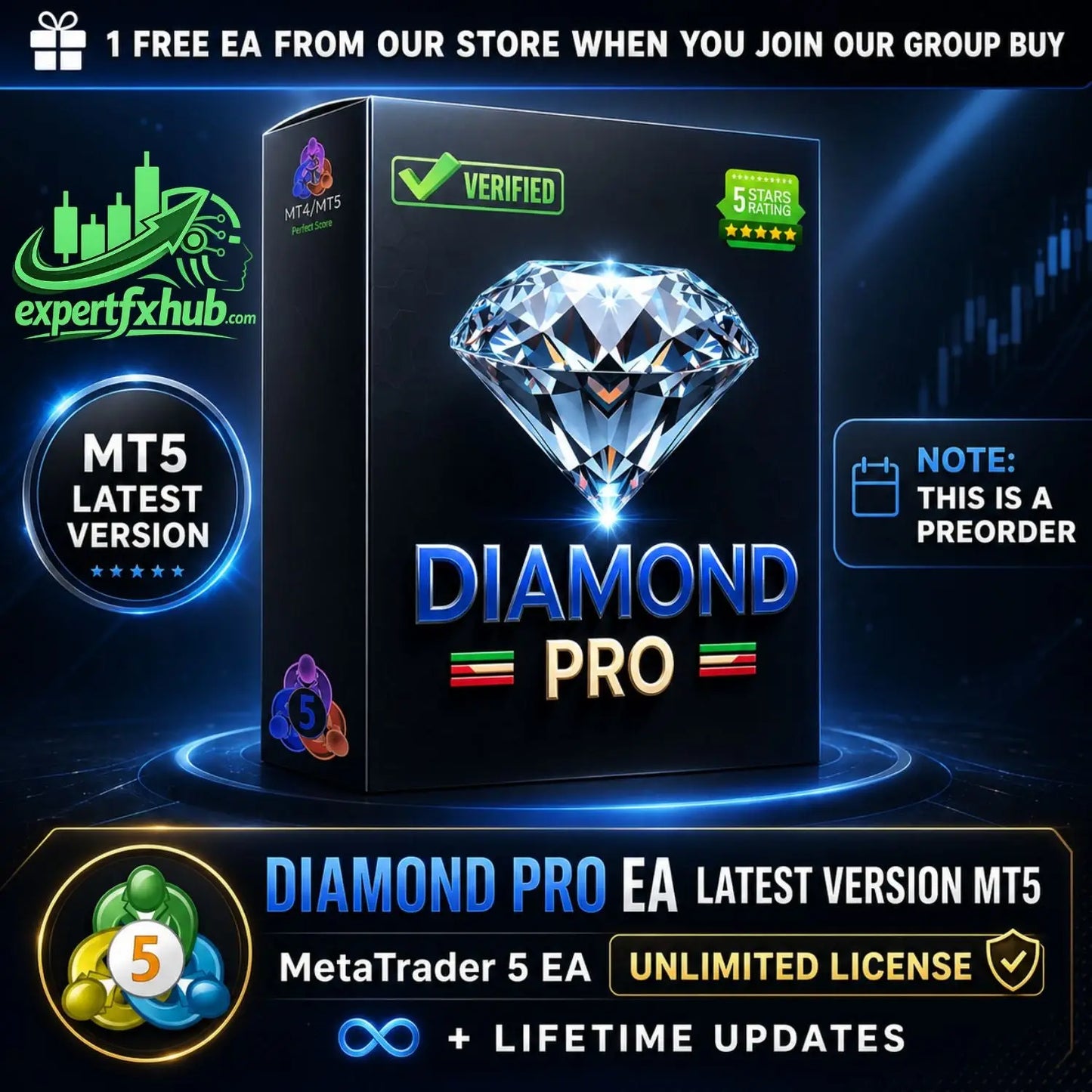 Black box packaging for diamond pro mt5 featuring a 3d rendered diamond graphic and blue metallic text