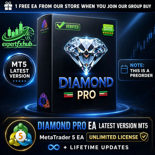 Black box packaging for diamond pro mt5 featuring a 3d rendered diamond graphic and blue metallic text