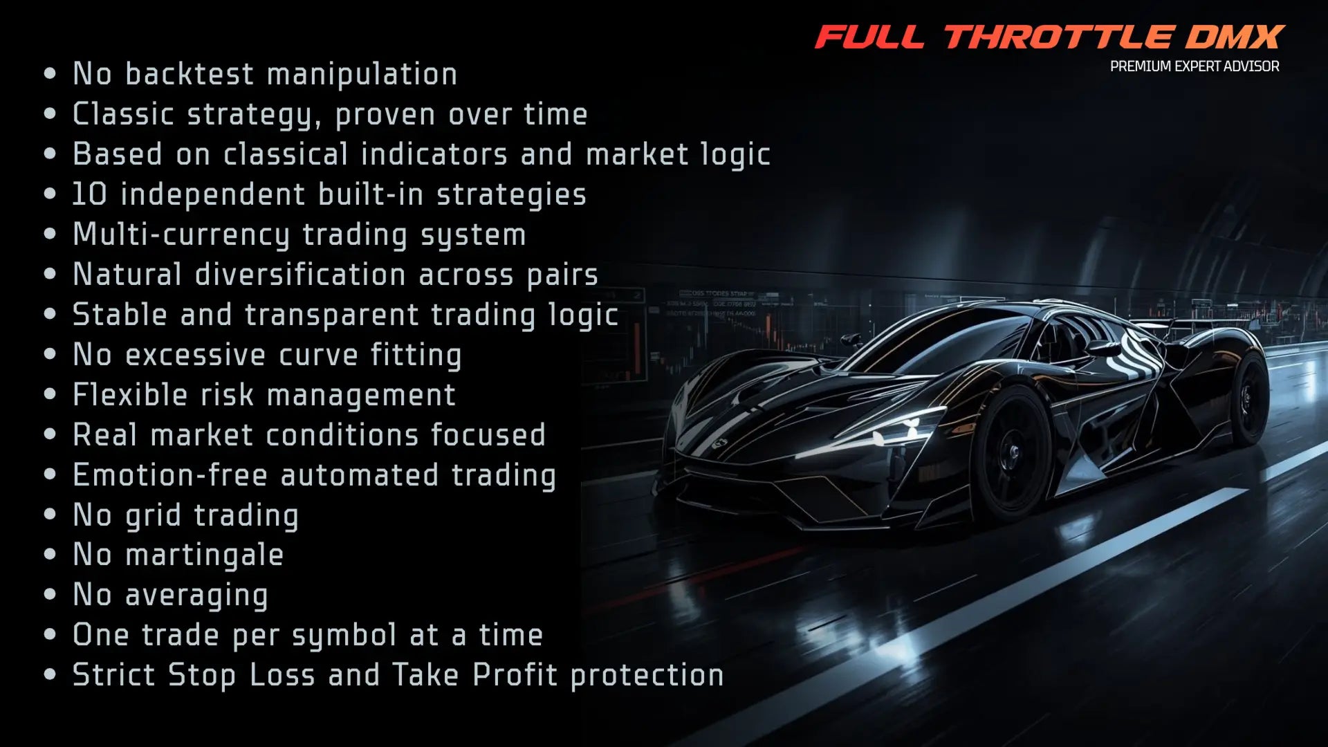Full throttle dmx mt5 black carbon-fiber racing car with glowing white headlights and aerodynamic design