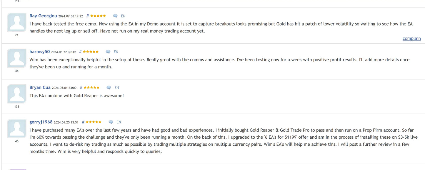 Screenshot of user reviews and star ratings for gold trade pro mt5 trading platform discussing gold ea services