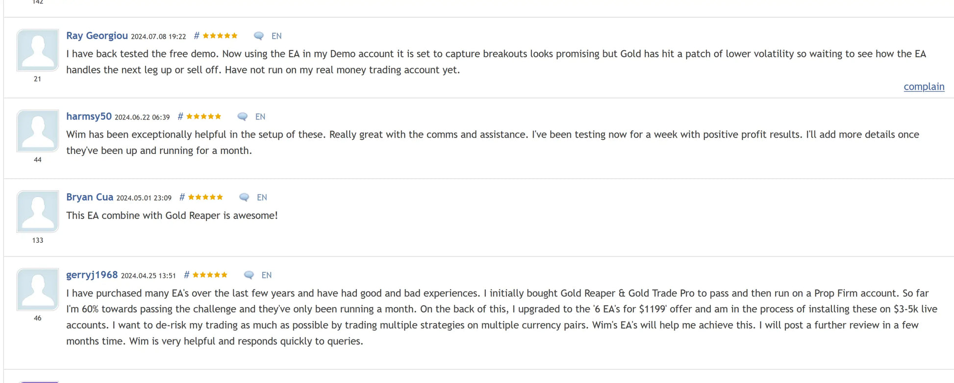 Screenshot of user reviews and star ratings for gold trade pro mt5 trading platform discussing gold ea services