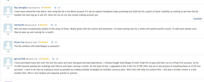 Screenshot of user reviews and star ratings for gold trade pro mt5 trading platform discussing gold ea services
