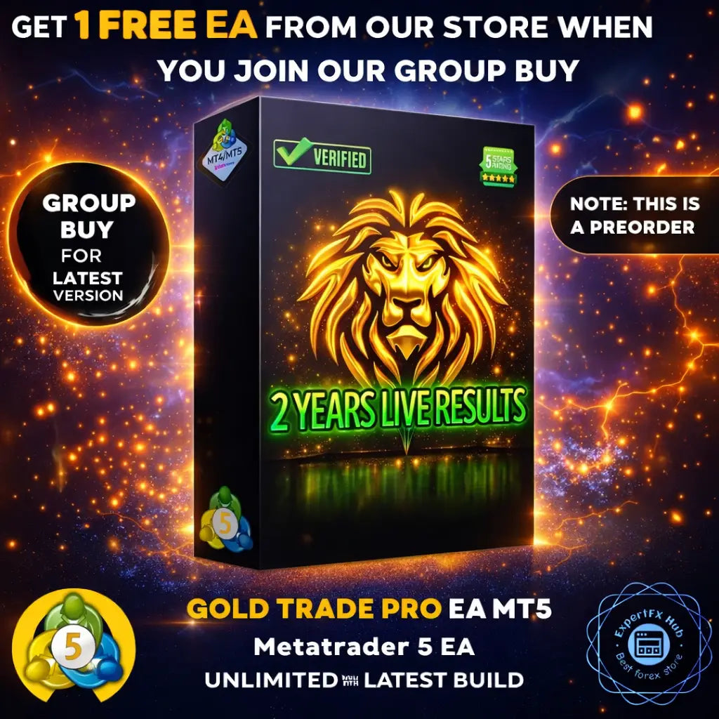 Gold lion-faced trading software box for metatrader 5 ea showing gold trade pro mt5 product packaging