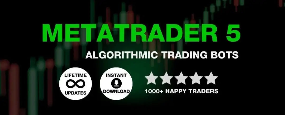 Green ’metatrader 5’’ text with white subtext reading ’algorithmic trading bots,’ accompanied by icons for lifetime updates, instant download, and a five-star rating.
