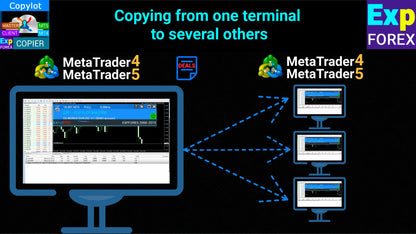 Blue illustrated computer monitor displaying metatrader 4 trading platform charts for mt4 mt5 trade copier bot product