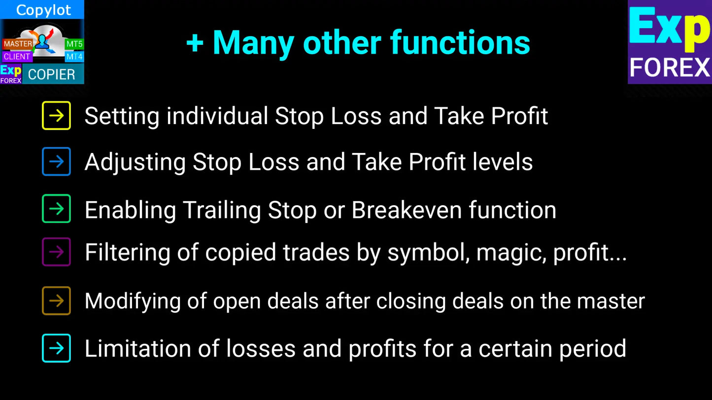 Mt4 mt5 trade copier bot with black background white text showing trading functions like setting stop loss and take profit levels
