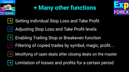 Mt4 mt5 trade copier bot with black background white text showing trading functions like setting stop loss and take profit levels