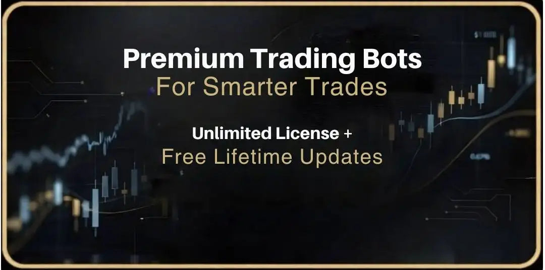Premium trading bots advertisement with glowing financial charts and gold-accented text on a dark background.