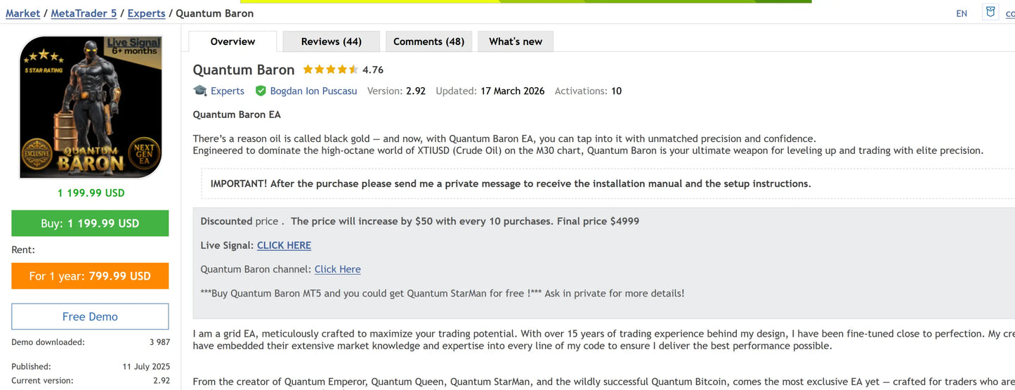 Quantum baron mt5 black and gold trading expert indicator with intricate grid pattern and quantum starman logo for metatrader 5