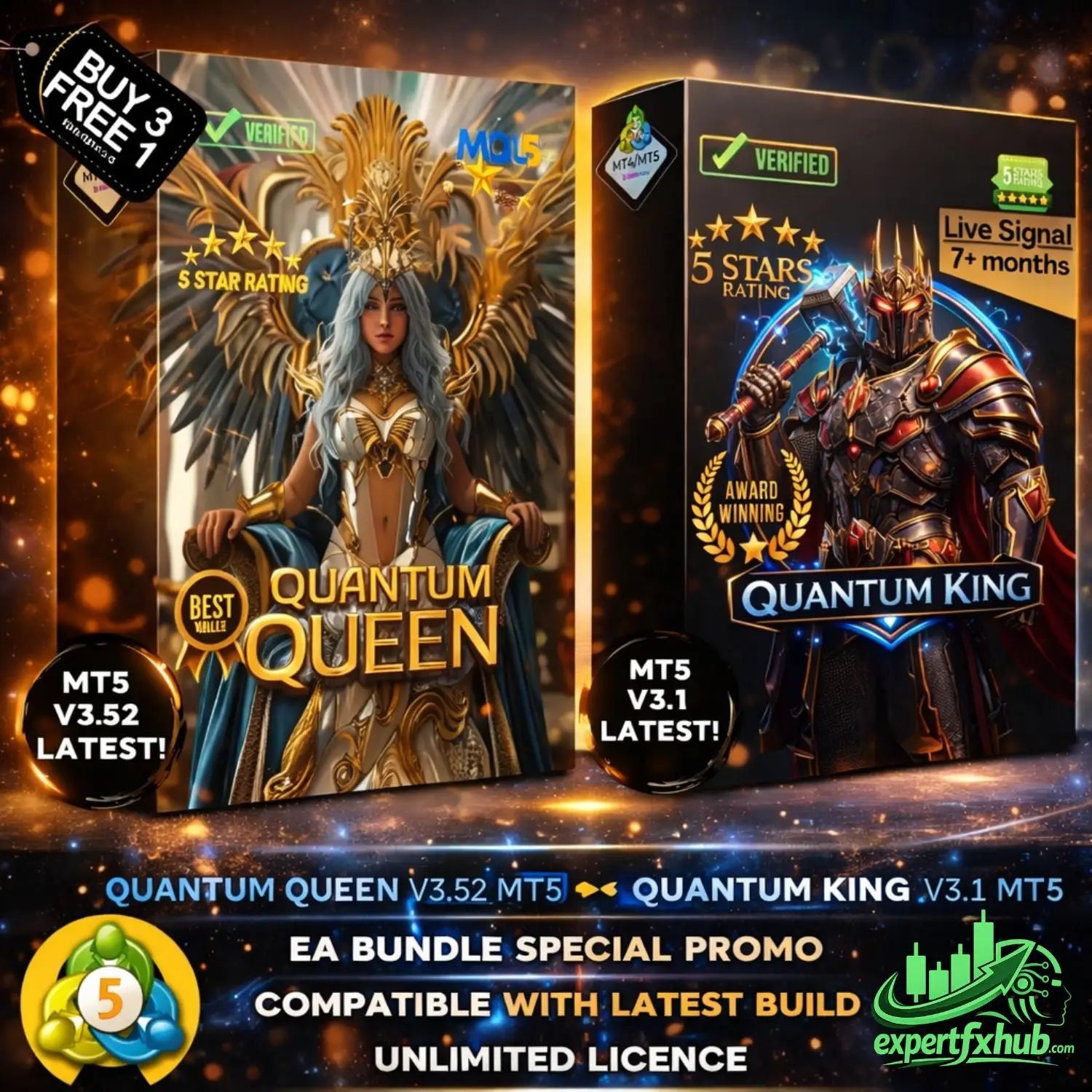 Quantum queen and king mt5 trading signal packages with illustrated fantasy characters on black gold accent boxes