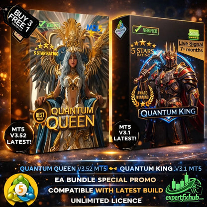 Quantum queen and king mt5 trading signal packages with illustrated fantasy characters on black gold accent boxes