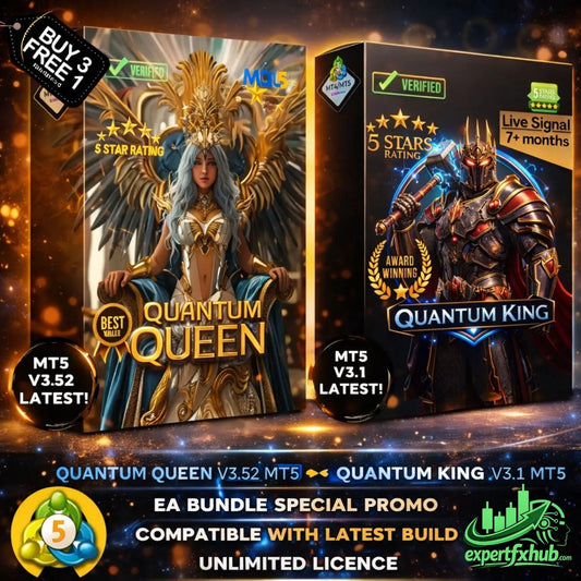 Quantum queen and king mt5 trading signal packages with illustrated fantasy characters on black gold accent boxes