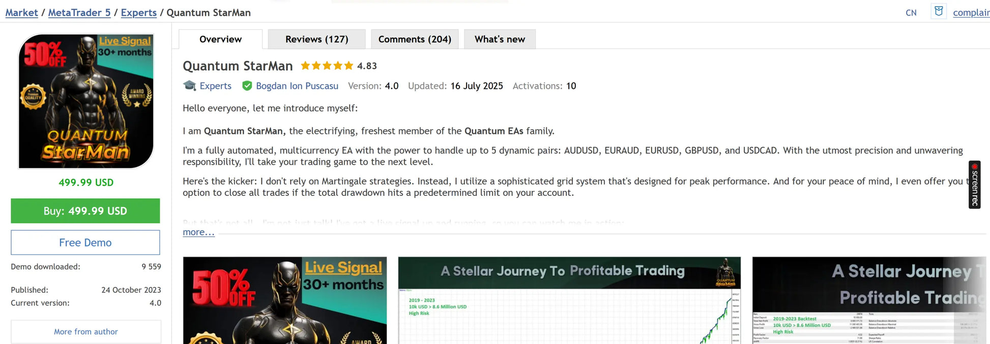 Quantum starman mt5 trading platform interface with dark theme and gold accents showing market charts and analytics