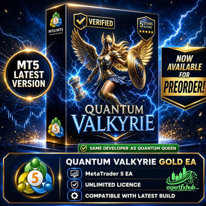 Quantum valkyrie MT5 ea software box featuring a golden-winged warrior in armor with hammer and shield on blue background
