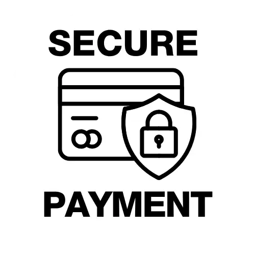 Secure payment icon featuring a credit card and shield with lock, rendered in bold black lines on a white circular background.