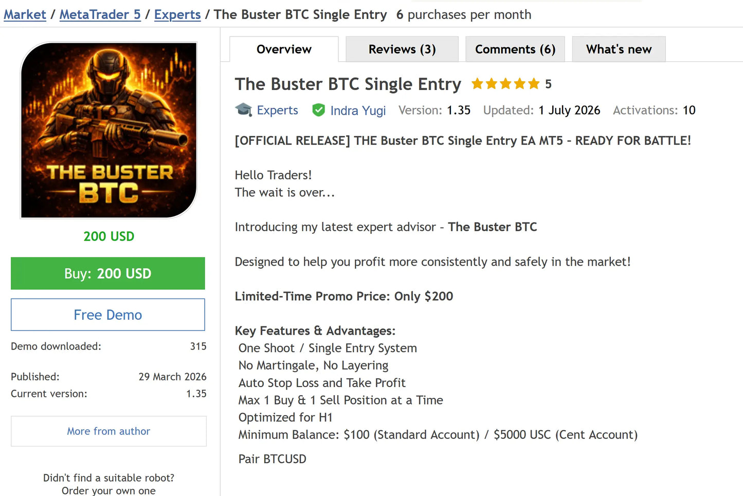 The Buster BTC Single Entry MT5