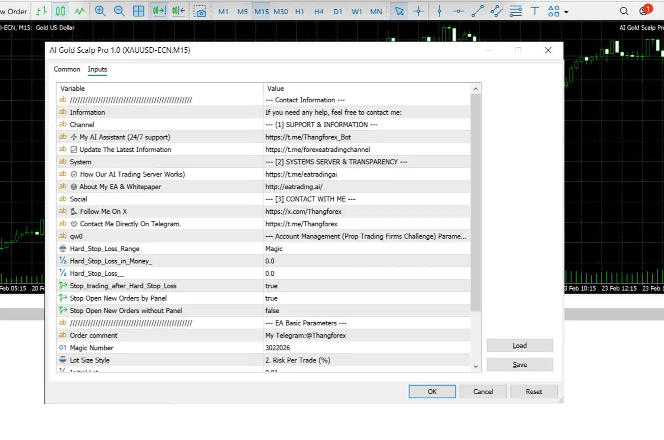 The ai gold scalp pro v1.0 trading software interface shows configuration settings and contact info for financial automation