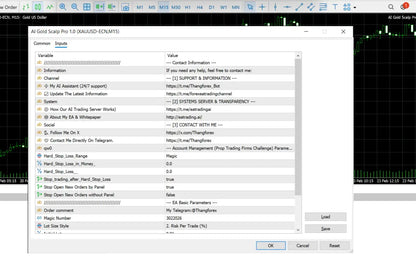 The ai gold scalp pro v1.0 trading software interface shows configuration settings and contact info for financial automation