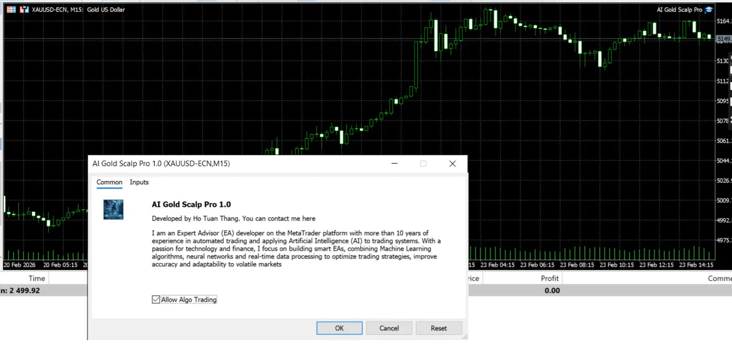 The v1.0 AI Gold Scalp Pro MT5 software interface showing a trading chart and developer info with allow AI trading option