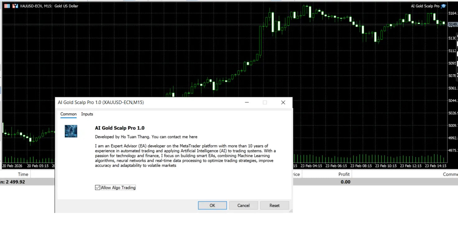 The v1.0 AI Gold Scalp Pro MT5 software interface showing a trading chart and developer info with allow AI trading option