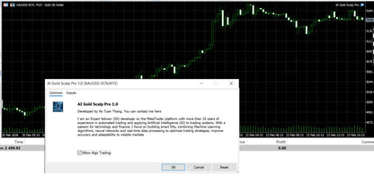 The v1.0 AI Gold Scalp Pro MT5 software interface showing a trading chart and developer info with allow AI trading option