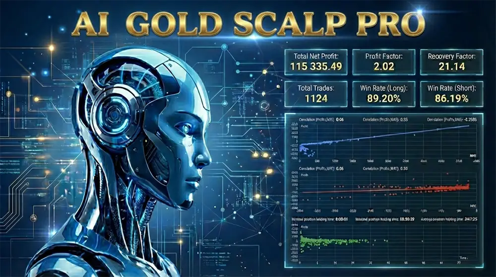 V1.0 ai gold scalp pro mt5 blue metallic humanoid robot head with glowing circuitry and futuristic design