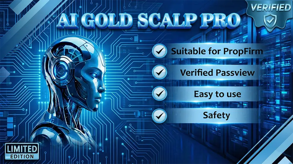 Blue metallic robot head with circuit board design and glowing blue accents featured in v1.0 AI Gold Scalp Pro MT5