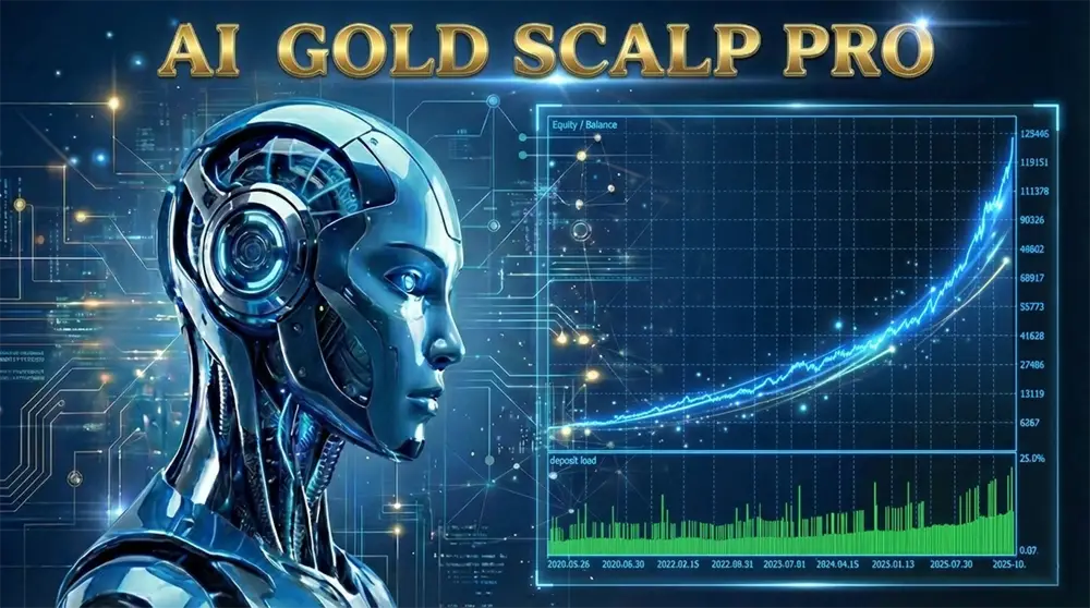 A sleek metallic blue robotic head with glowing circuitry in the v1.0 AI gold scalp pro MT5 product design